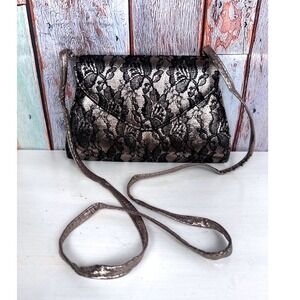 Neiman Marcus Vintage Black Lace Metallic Bronze Crossbody Evening Bag Clutch